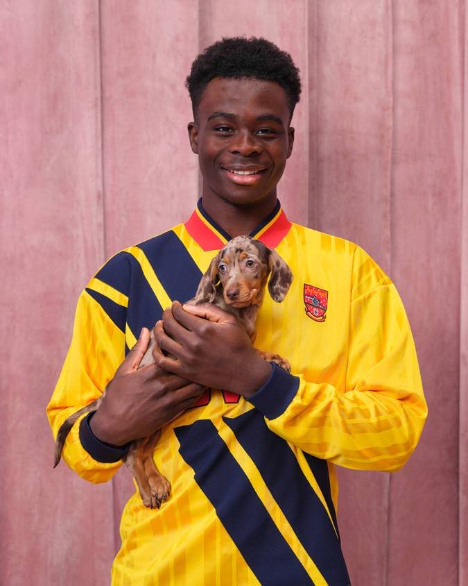 The Set Pieces on X: "Big Sunday feels from Arsenal's players in their new  Adidas collection... Especially from Bukayo Saka and the puppy.  https://t.co/qMF7ofwH2W" / X