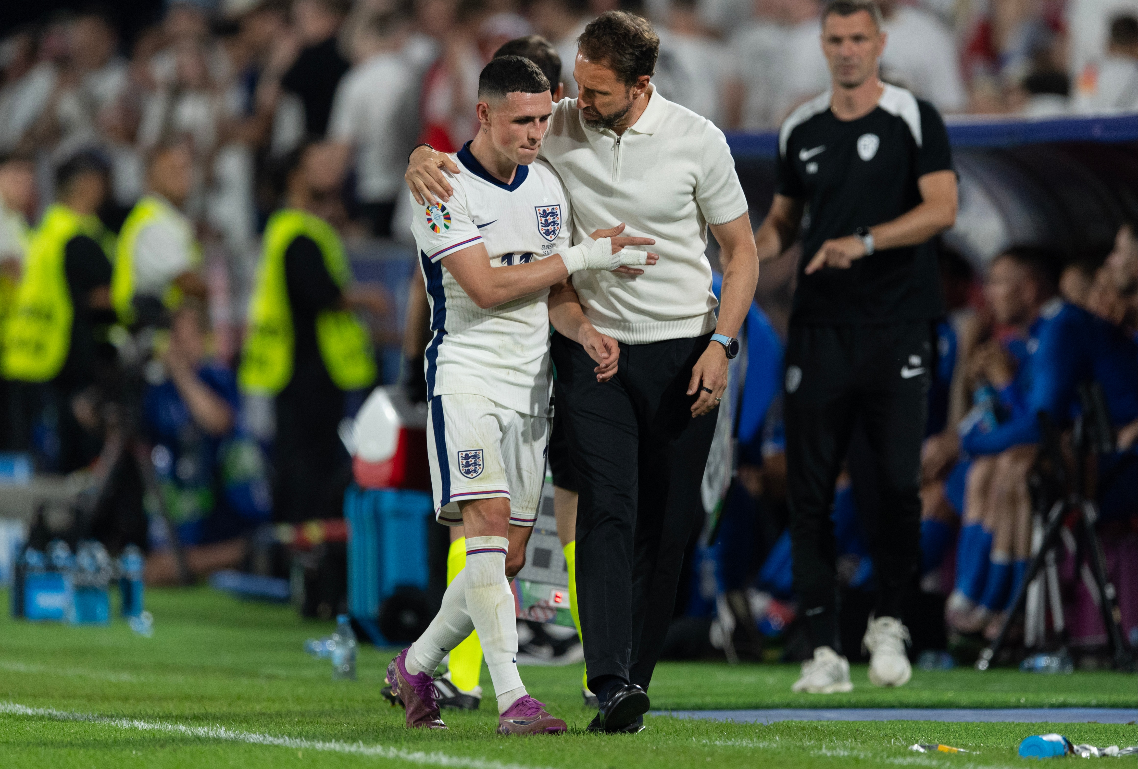 Phil Foden, left, is flying back to the UK for the birth of his third child