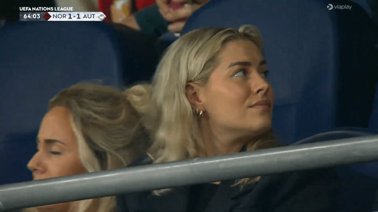 Pregnant partner Helene Spilling looked concerned in the stands