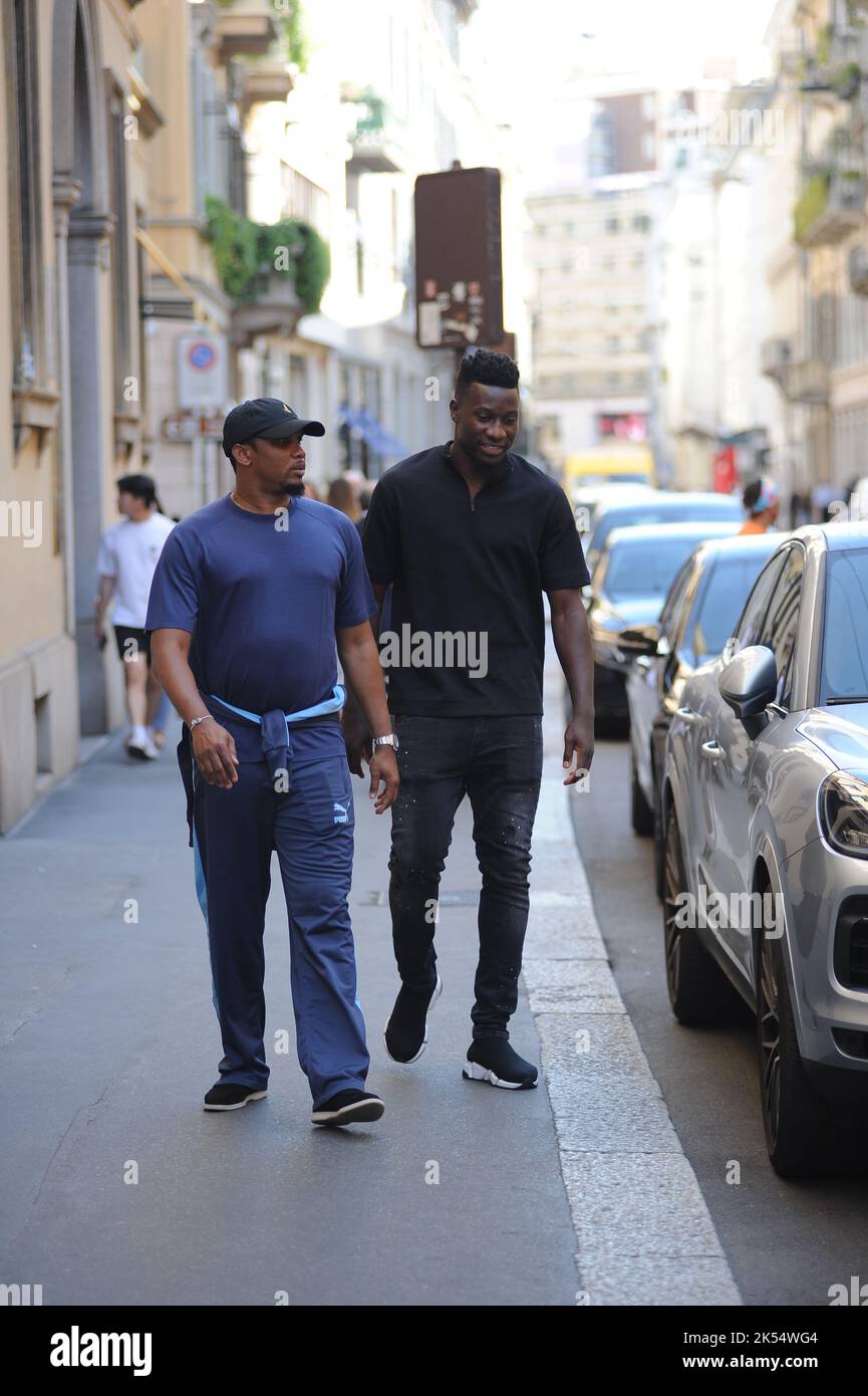 Milan, . 05th Oct, 2022. Milan, 05-10-2022 Andrè Onana, goalkeeper of the  CAMEROON and Inter national teams, who defeated Barcelona in the Champions  League, arrives in the center together with Samuel Eto'o